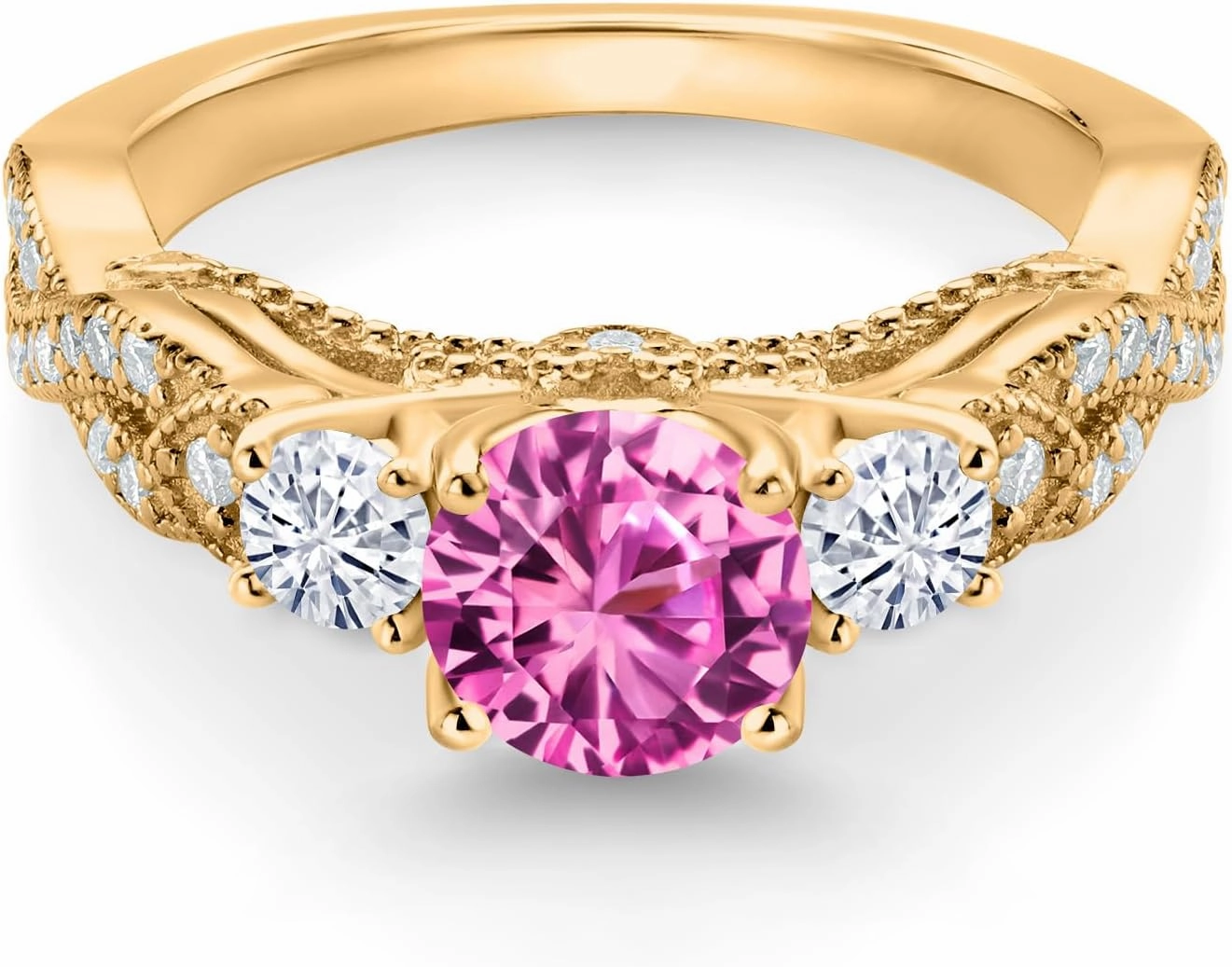 Gem Stone King 18K Yellow Gold Plated Silver Pink Created Sapphire and White Moissanite Engagement Ring For Women (1.47 Cttw, Gemstone September Birthstone, Round 6MM and 3MM)