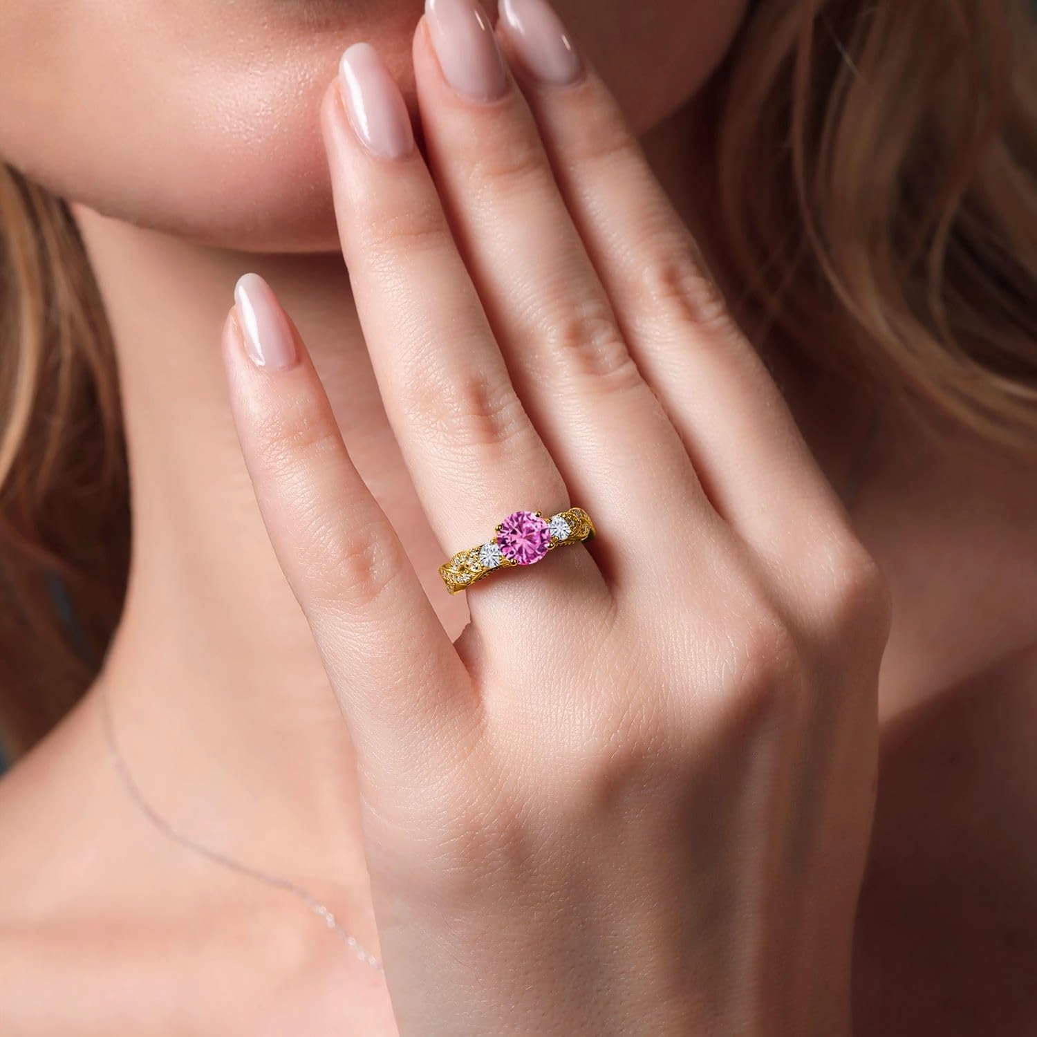 Gem Stone King 18K Yellow Gold Plated Silver Pink Created Sapphire and White Moissanite Engagement Ring For Women (1.47 Cttw, Gemstone September Birthstone, Round 6MM and 3MM)