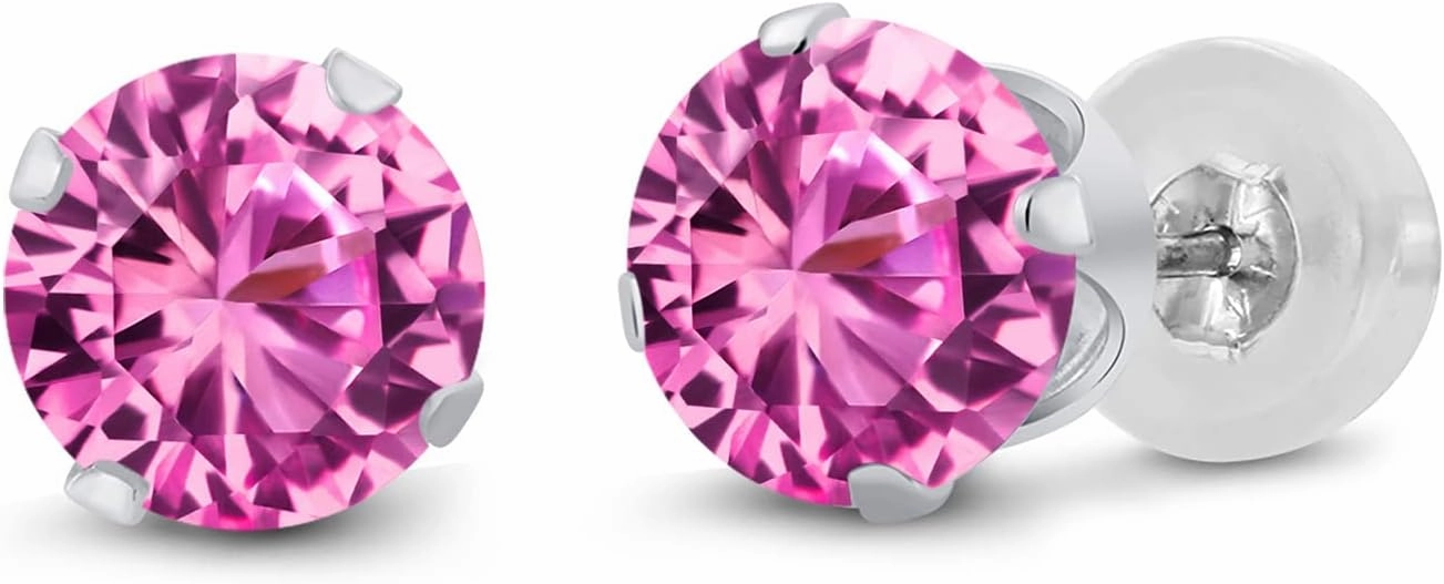 Gem Stone King 1.10 Cttw 14K White Gold Pink Created Sapphire Stud Earrings for Women | Gemstone Birthstone | Round 5MM