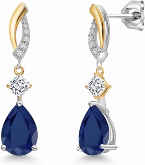 Gem Stone King 925 Silver and 10K Yellow Gold Blue Sapphire and White Moissanite and White Lab Grown Diamond Earrings For Women | 4.79 Cttw | Gemstone Birthstone | Pear Shape 10X7MM
