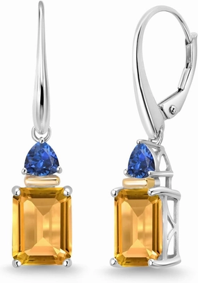 Gem Stone King 925 Silver and 10K Yellow Gold Yellow Citrine and Blue Created Sapphire Earrings For Women (5.19 Cttw, Gemstone Birthstone, Emerald Cut 9X7MM, Trillion 4MM)