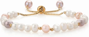 Gem Stone King Multicolor Cultured Freshwater Pearl Box Chain Yellow Gold Plated Tennis Bracelet For Women with Slider Clasp 9.5 Inch