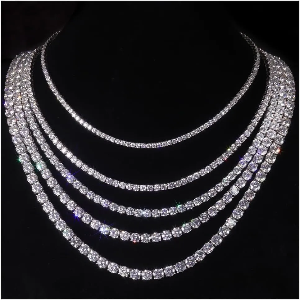 Gem's Beauty Moissanite Tennis Necklace 3mm-6.5mm 925 Silver Plated With 14k White Gold Moissanite Necklace For Women Men Handmade Gifts Anniversary Birthday