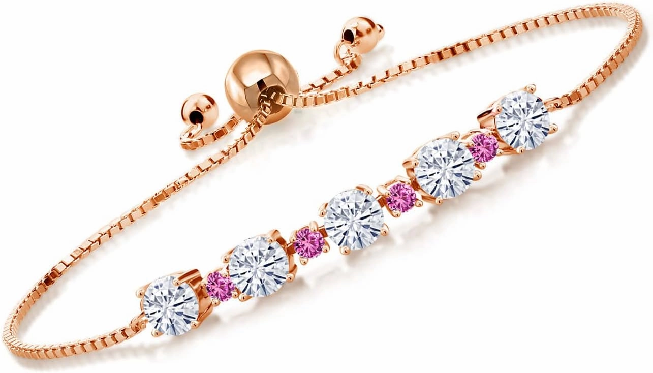 Gemstone Birthstone and Pink Created Sapphire Tennis Bracelet for Women in 18K Rose Gold Plated Silver | Round 5MM and 2.5MM | Adjustable Bolo Design | Easy-On Easy-Off | Fully Adjustable Up to 9 Inch