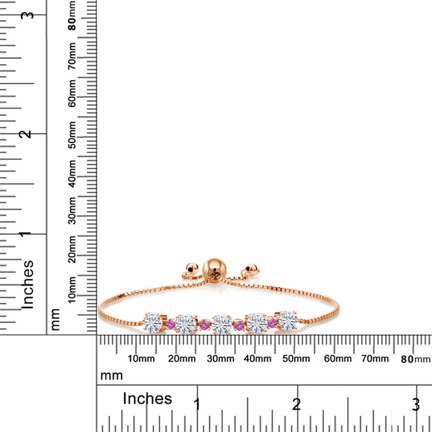 Gemstone Birthstone and Pink Created Sapphire Tennis Bracelet for Women in 18K Rose Gold Plated Silver | Round 5MM and 2.5MM | Adjustable Bolo Design | Easy-On Easy-Off | Fully Adjustable Up to 9 Inch