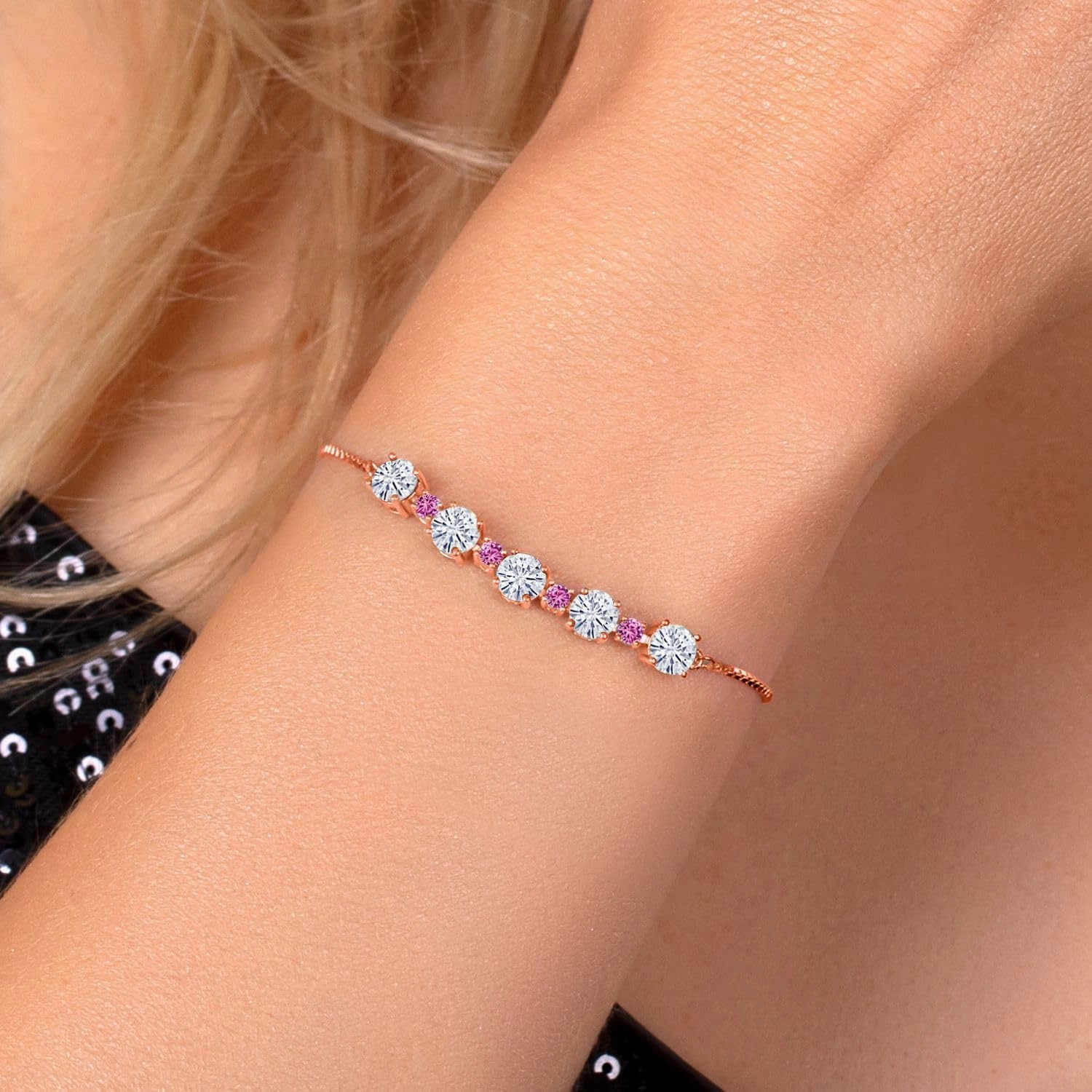 Gemstone Birthstone and Pink Created Sapphire Tennis Bracelet for Women in 18K Rose Gold Plated Silver | Round 5MM and 2.5MM | Adjustable Bolo Design | Easy-On Easy-Off | Fully Adjustable Up to 9 Inch