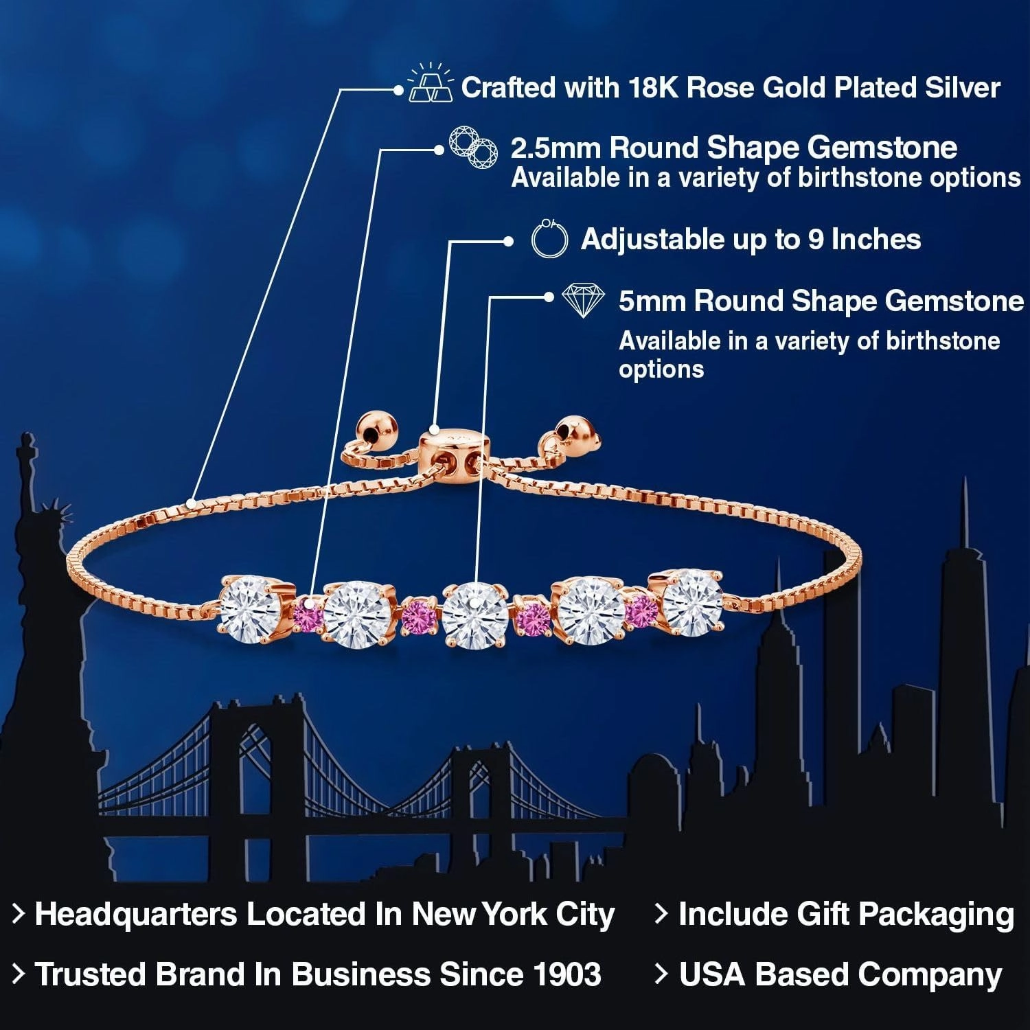 Gemstone Birthstone and Pink Created Sapphire Tennis Bracelet for Women in 18K Rose Gold Plated Silver | Round 5MM and 2.5MM | Adjustable Bolo Design | Easy-On Easy-Off | Fully Adjustable Up to 9 Inch