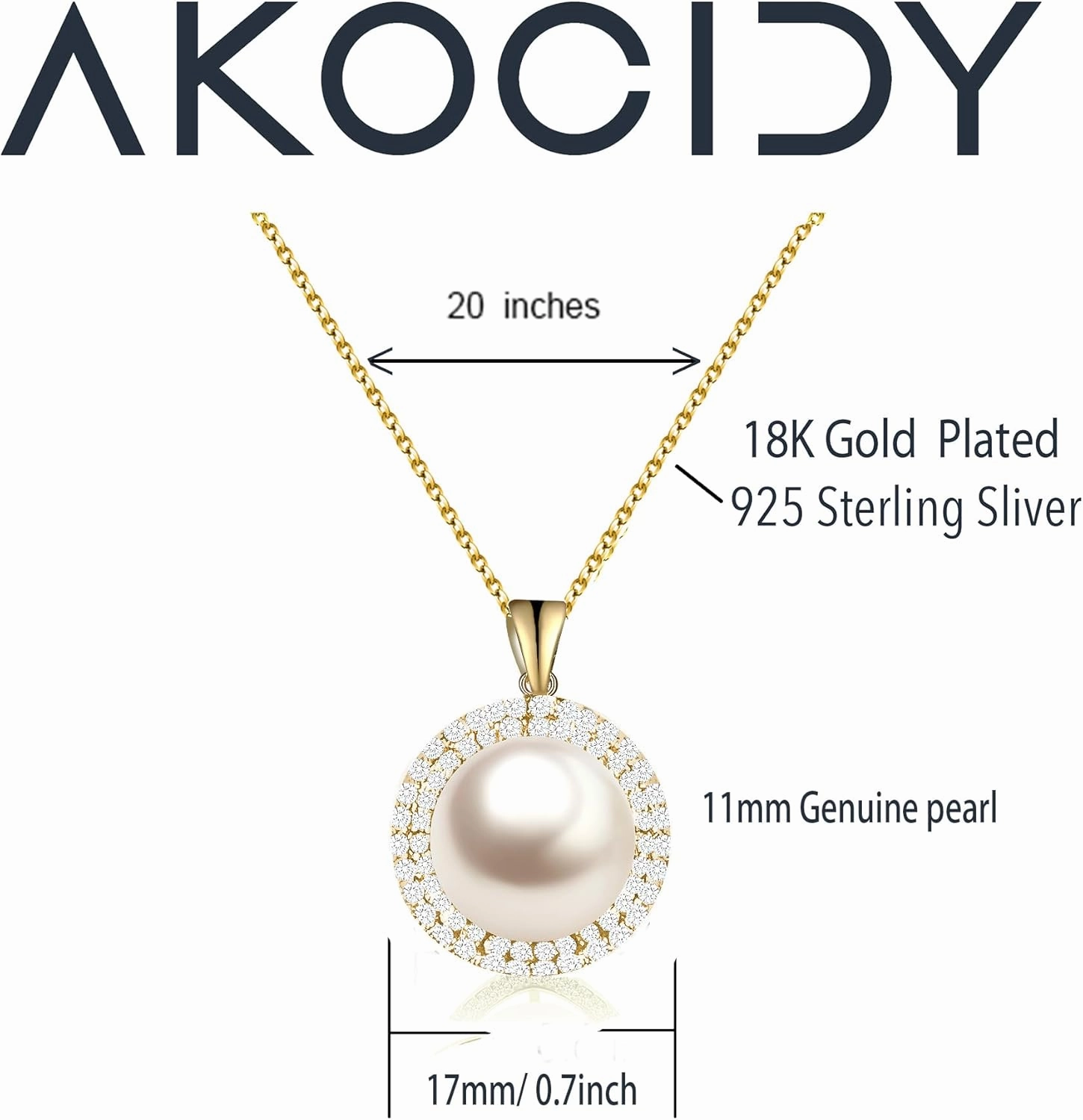 Genuine Pearl Pendant Necklace 925 Sterling Silver Plated 18K Gold/White Gold Necklace