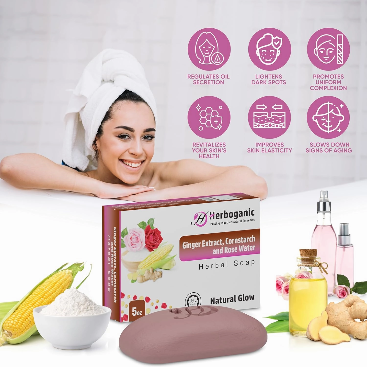 Ginger Extract, Cornstarch and Rose Water Herbal Soap | Pack of 3 of 5oz soap Bar | Natural Bar Soap for Face and Body | Hydrating and Nourishing | Suitable for Men and Women