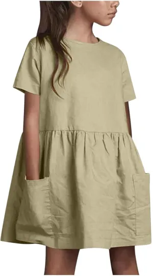 Girls Linen Dress Summer Casual Dresses Short Sleeve Tshirt Dress Knee Length Crewneck Dresses Comfy with Pockets