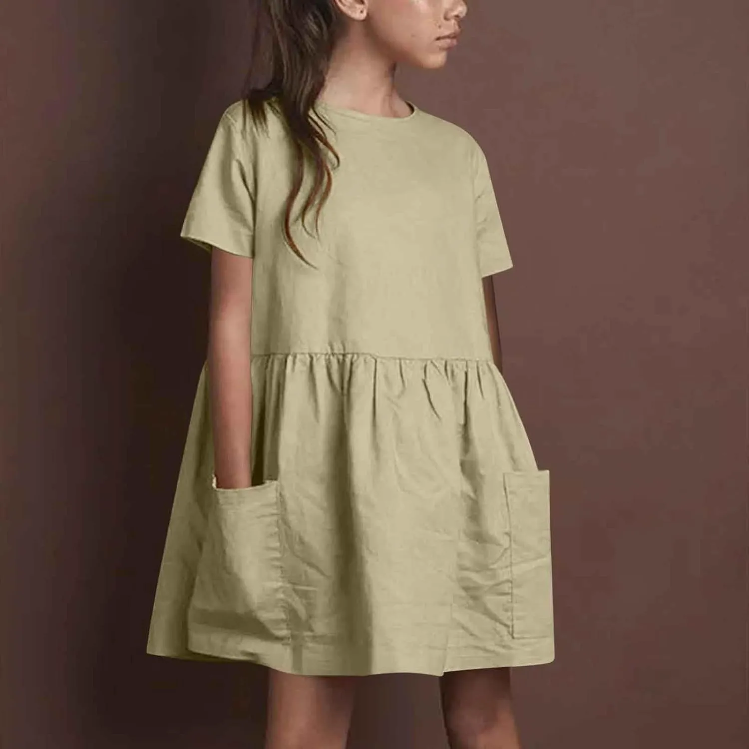 Girls Linen Dress Summer Casual Dresses Short Sleeve Tshirt Dress Knee Length Crewneck Dresses Comfy with Pockets