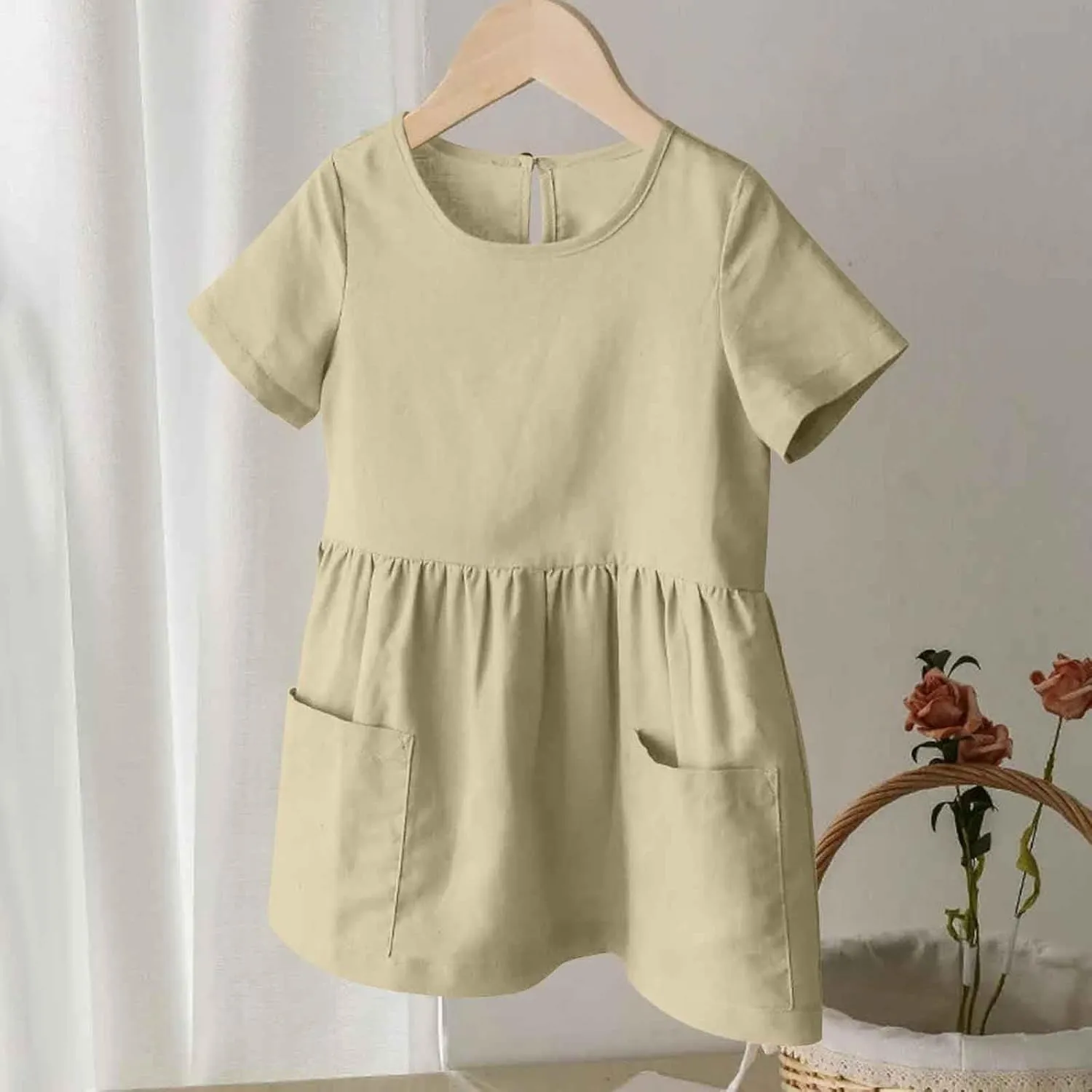 Girls Linen Dress Summer Casual Dresses Short Sleeve Tshirt Dress Knee Length Crewneck Dresses Comfy with Pockets