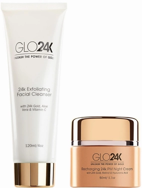 GLO24K Exfoliating Facial Cleanser and Night Cream with 24k Gold, Retinol, and Aloe Vera. Optimize your Daily Beauty Routine.