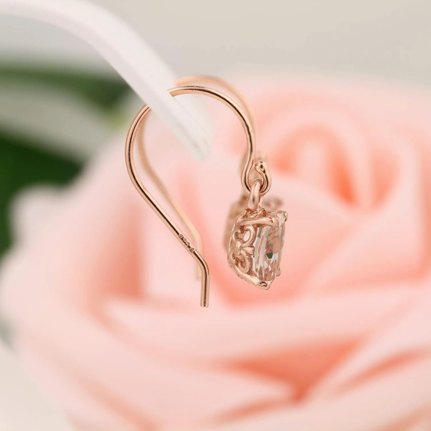 GNG Rose Gold -Plated Sterling Silver Genuine Morganite Fleur-de-lis Style French Wire Earrings 1.30 cttw 7X5MM Oval  USA Made