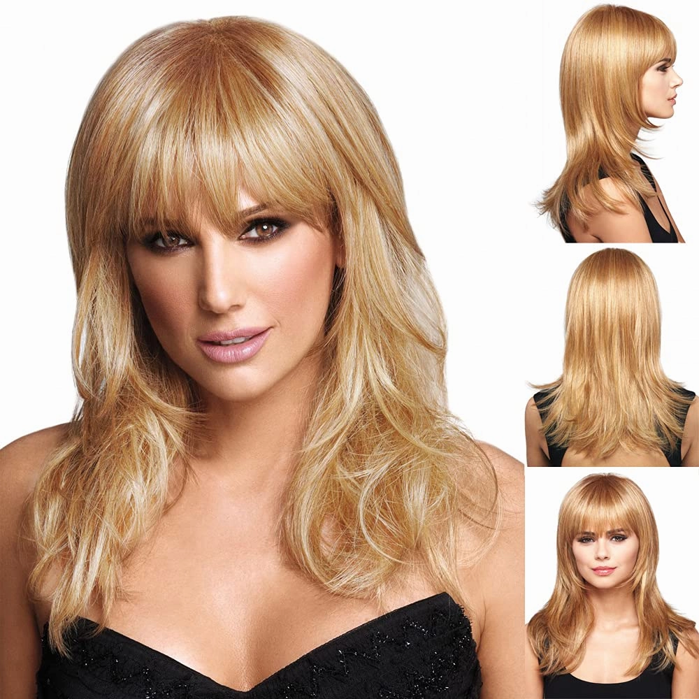 GNIMEGIL 18" Long Blonde Wigs for Women Straight Hair with Bangs Natural Hairstyles Synthetic Wig Princess Costume Peach Wigs Halloween Outfits Carnival Party