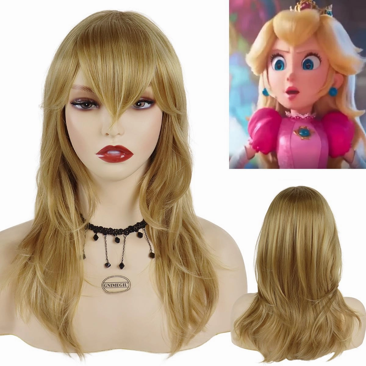 GNIMEGIL 18" Long Blonde Wigs for Women Straight Hair with Bangs Natural Hairstyles Synthetic Wig Princess Costume Peach Wigs Halloween Outfits Carnival Party
