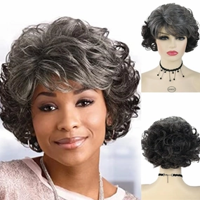 GNIMEGIL Grey Short Curly Wigs for Women Soft Synthetic Granny Hair Replacement Full Wigs for Daily Party Use Mommy Old Lady Wig Elderly Realistic