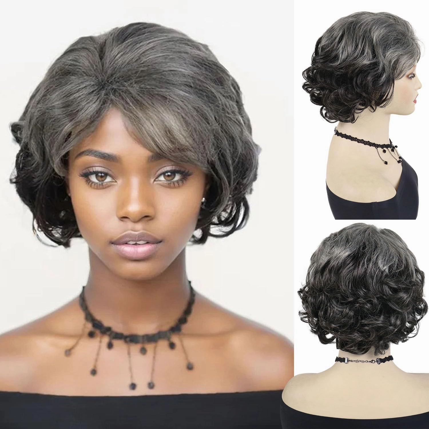 GNIMEGIL Grey Short Curly Wigs for Women Soft Synthetic Granny Hair Replacement Full Wigs for Daily Party Use Mommy Old Lady Wig Elderly Realistic
