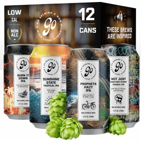 Go Brewing - IPA 24 Mixed Pack - Non Alcoholic Beer - Featuring Sunshine State Tropical IPA, Prophets Hazy IPA, Burn it Down IPA, and Not Just Another Story Double IPA (12 oz, Pack of 24)