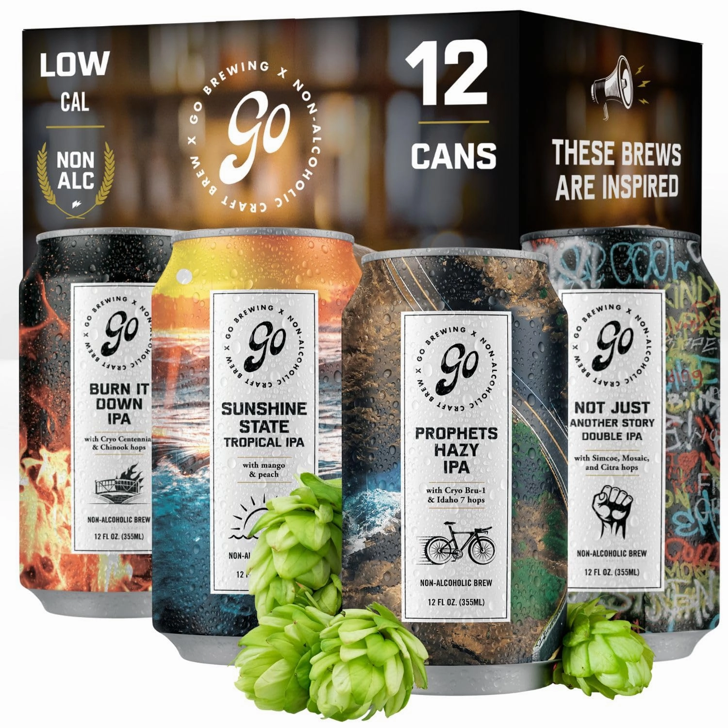 Go Brewing - IPA 24 Mixed Pack - Non Alcoholic Beer - Featuring Sunshine State Tropical IPA, Prophets Hazy IPA, Burn it Down IPA, and Not Just Another Story Double IPA (12 oz, Pack of 24)