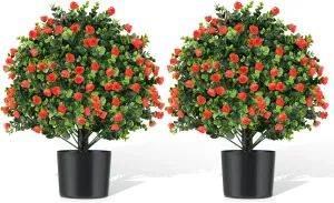 GOFLAME 21.5” Artificial Rose Topiary Ball Tree Set of 2, Faux Potted Plants with Red Flowers and Cement-Filled Pot, Fake Shrubs Bushes for Indoor Outdoor Home Porch Garden
