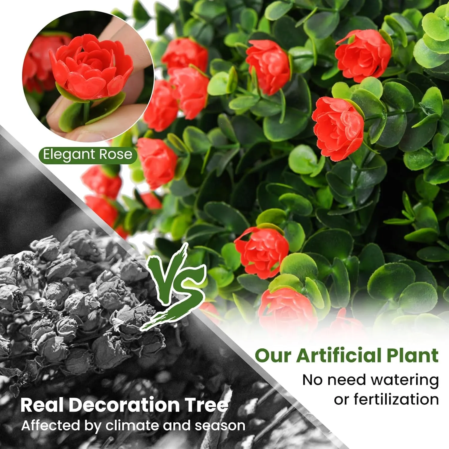 GOFLAME 21.5” Artificial Rose Topiary Ball Tree Set of 2, Faux Potted Plants with Red Flowers and Cement-Filled Pot, Fake Shrubs Bushes for Indoor Outdoor Home Porch Garden