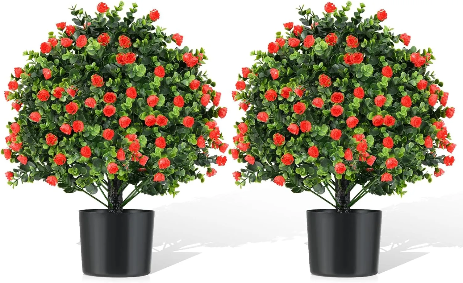 GOFLAME 21.5” Artificial Rose Topiary Ball Tree Set of 2, Faux Potted Plants with Red Flowers and Cement-Filled Pot, Fake Shrubs Bushes for Indoor Outdoor Home Porch Garden