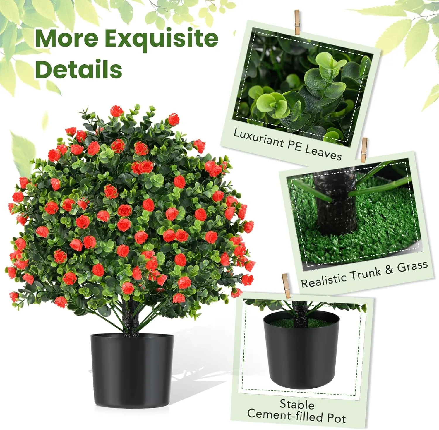 GOFLAME 21.5” Artificial Rose Topiary Ball Tree Set of 2, Faux Potted Plants with Red Flowers and Cement-Filled Pot, Fake Shrubs Bushes for Indoor Outdoor Home Porch Garden