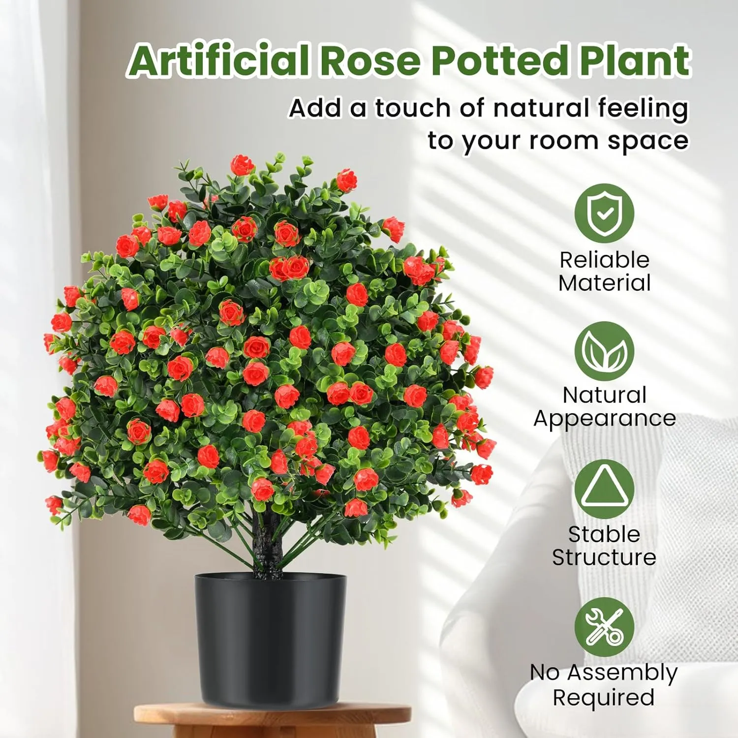 GOFLAME 21.5” Artificial Rose Topiary Ball Tree Set of 2, Faux Potted Plants with Red Flowers and Cement-Filled Pot, Fake Shrubs Bushes for Indoor Outdoor Home Porch Garden