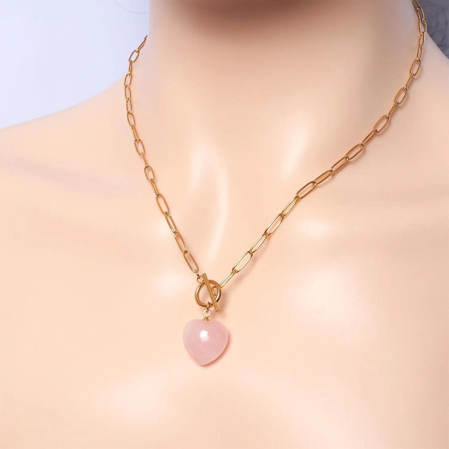 Gold Paperclip Toggle Necklace Natural Stone/Emerald Cut Birthstone Pendant Paper Clip Chain Necklace Toggle Paperclip Jewelry Birthday Gift for Women