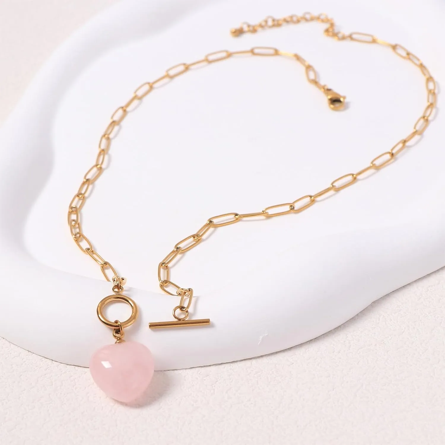 Gold Paperclip Toggle Necklace Natural Stone/Emerald Cut Birthstone Pendant Paper Clip Chain Necklace Toggle Paperclip Jewelry Birthday Gift for Women