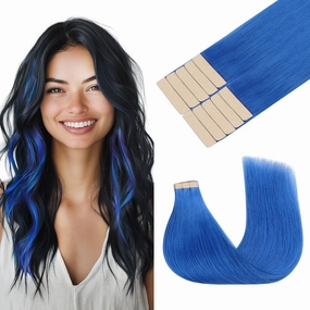GOO GOO Tape in Hair Extensions Human Hair, Blue, 10inch 20g 10pcs, Colored Tape ins Human Hair Extensions, Silky&Soft Invisible Tape Ins, Hair Highlighted for Party
