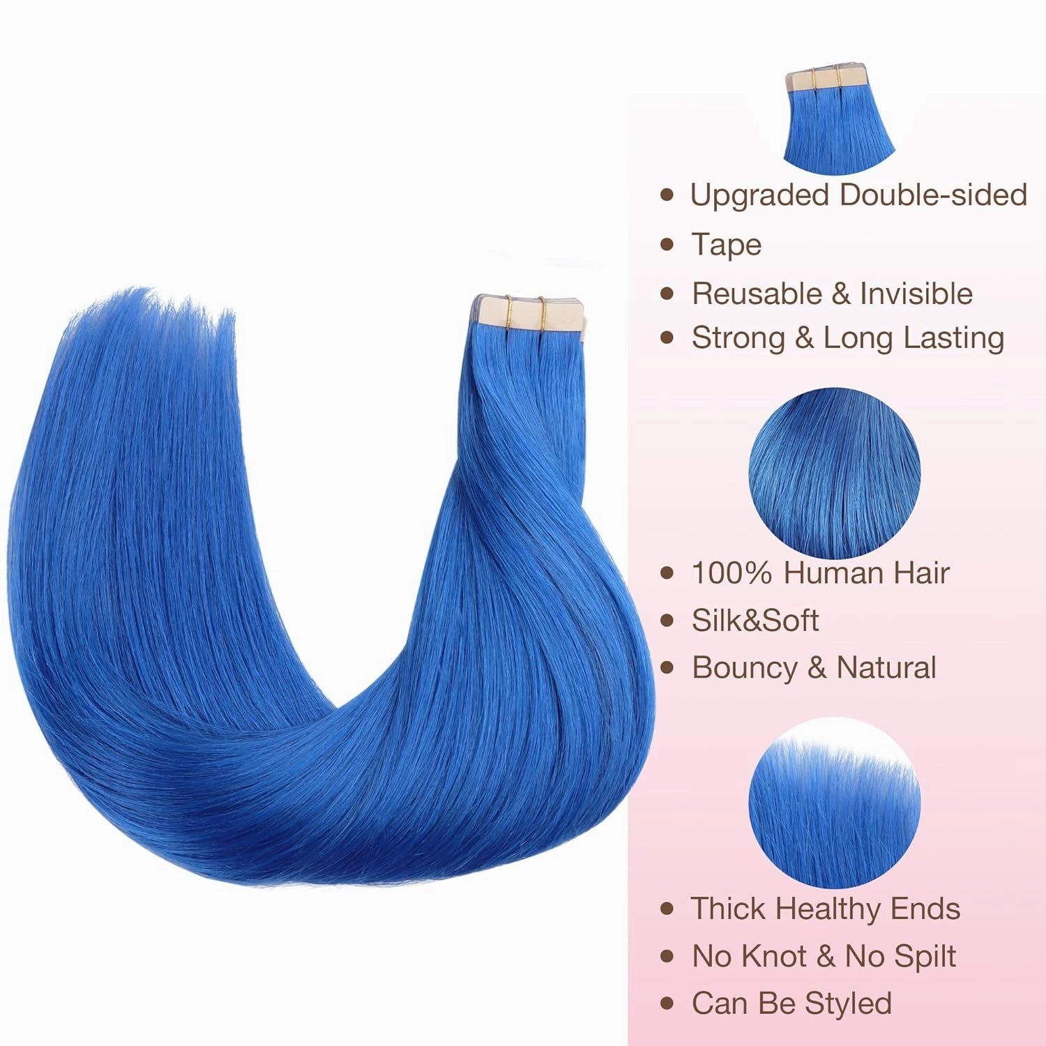 GOO GOO Tape in Hair Extensions Human Hair, Blue, 22inch 30g 10pcs, Colored Tape ins Human Hair Extensions, Silky&Soft Invisible Tape Ins, Hair Highlighted for Party