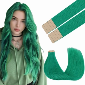 GOO GOO Tape in Hair Extensions Human Hair, Green, 10inch 20g 10pcs, Colored Tape ins Human Hair Extensions, Silky&Soft Invisible Tape Ins, Hair Highlighted for Party