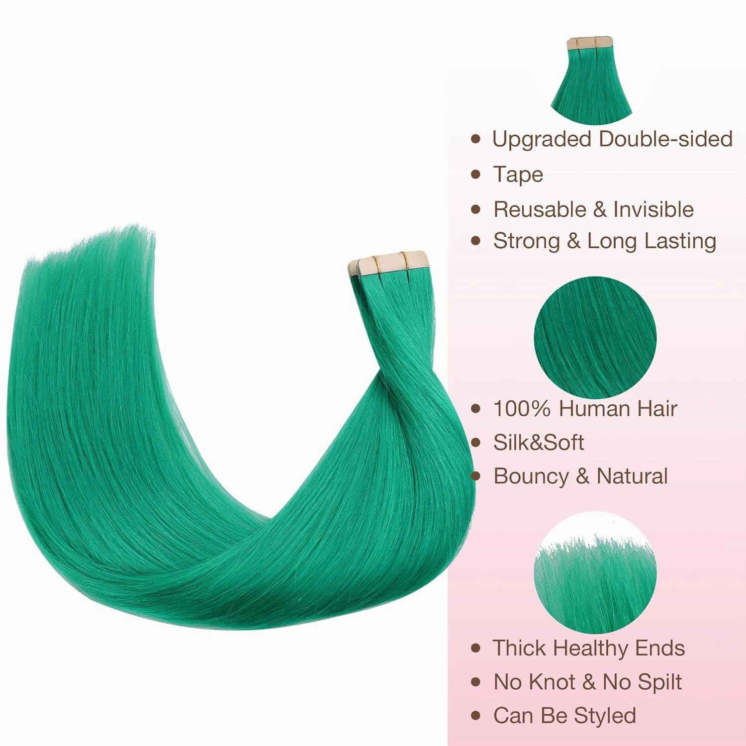 GOO GOO Tape in Hair Extensions Human Hair, Green, 10inch 20g 10pcs, Colored Tape ins Human Hair Extensions, Silky&Soft Invisible Tape Ins, Hair Highlighted for Party