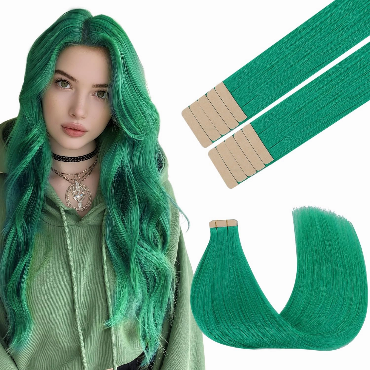 GOO GOO Tape in Hair Extensions Human Hair, Green, 10inch 20g 10pcs, Colored Tape ins Human Hair Extensions, Silky&Soft Invisible Tape Ins, Hair Highlighted for Party
