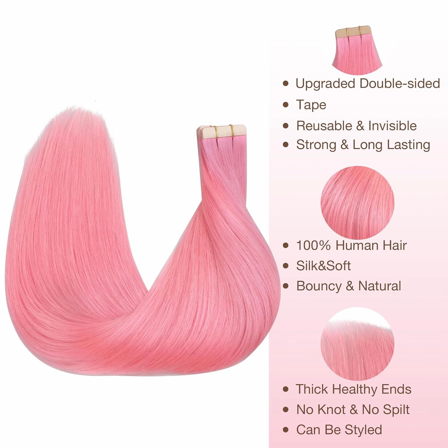 GOO GOO Tape in Hair Extensions Human Hair, Peach Pink, 22inch 30g 10pcs, Colored Tape ins Human Hair Extensions, Silky&Soft Invisible Tape Ins, Hair Highlighted for Party