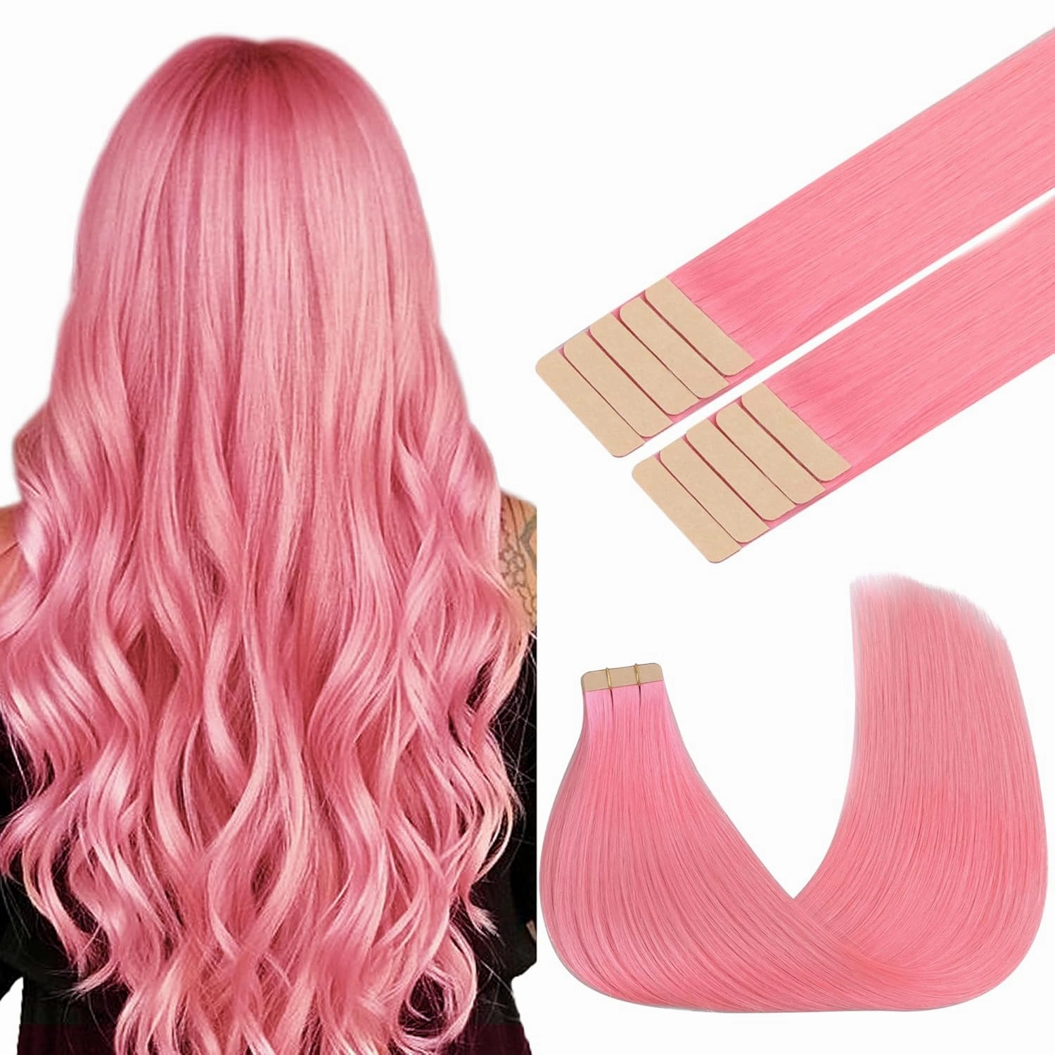 GOO GOO Tape in Hair Extensions Human Hair, Peach Pink, 22inch 30g 10pcs, Colored Tape ins Human Hair Extensions, Silky&Soft Invisible Tape Ins, Hair Highlighted for Party
