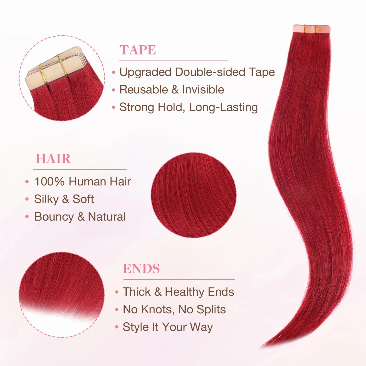 GOO GOO Tape in Hair Extensions Human Hair, Red, 10inch 20g 10pcs, Colored Tape ins Human Hair Extensions, Silky&Soft Invisible, Hair Highlighted for Party