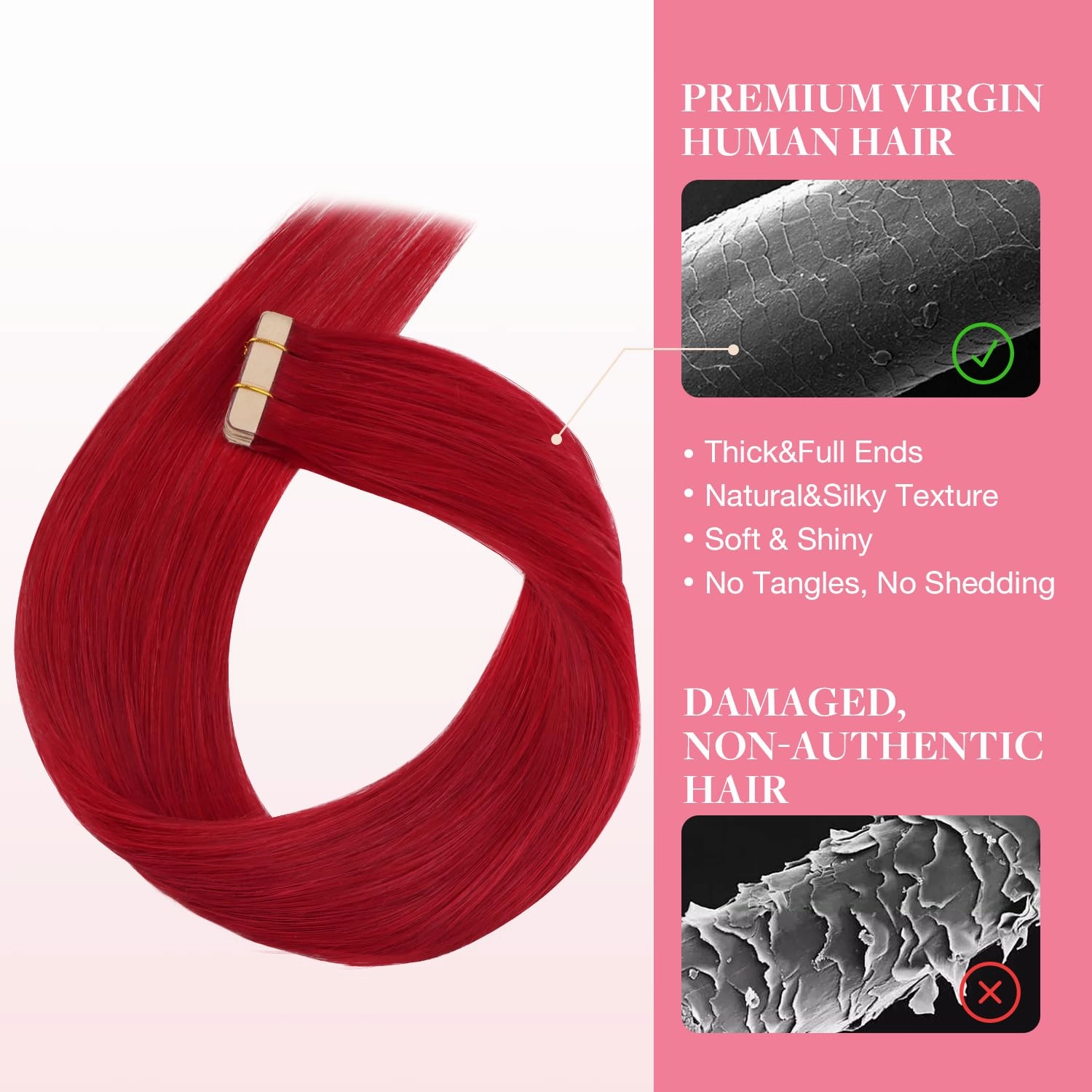 GOO GOO Tape in Hair Extensions Human Hair, Red, 10inch 20g 10pcs, Colored Tape ins Human Hair Extensions, Silky&Soft Invisible, Hair Highlighted for Party