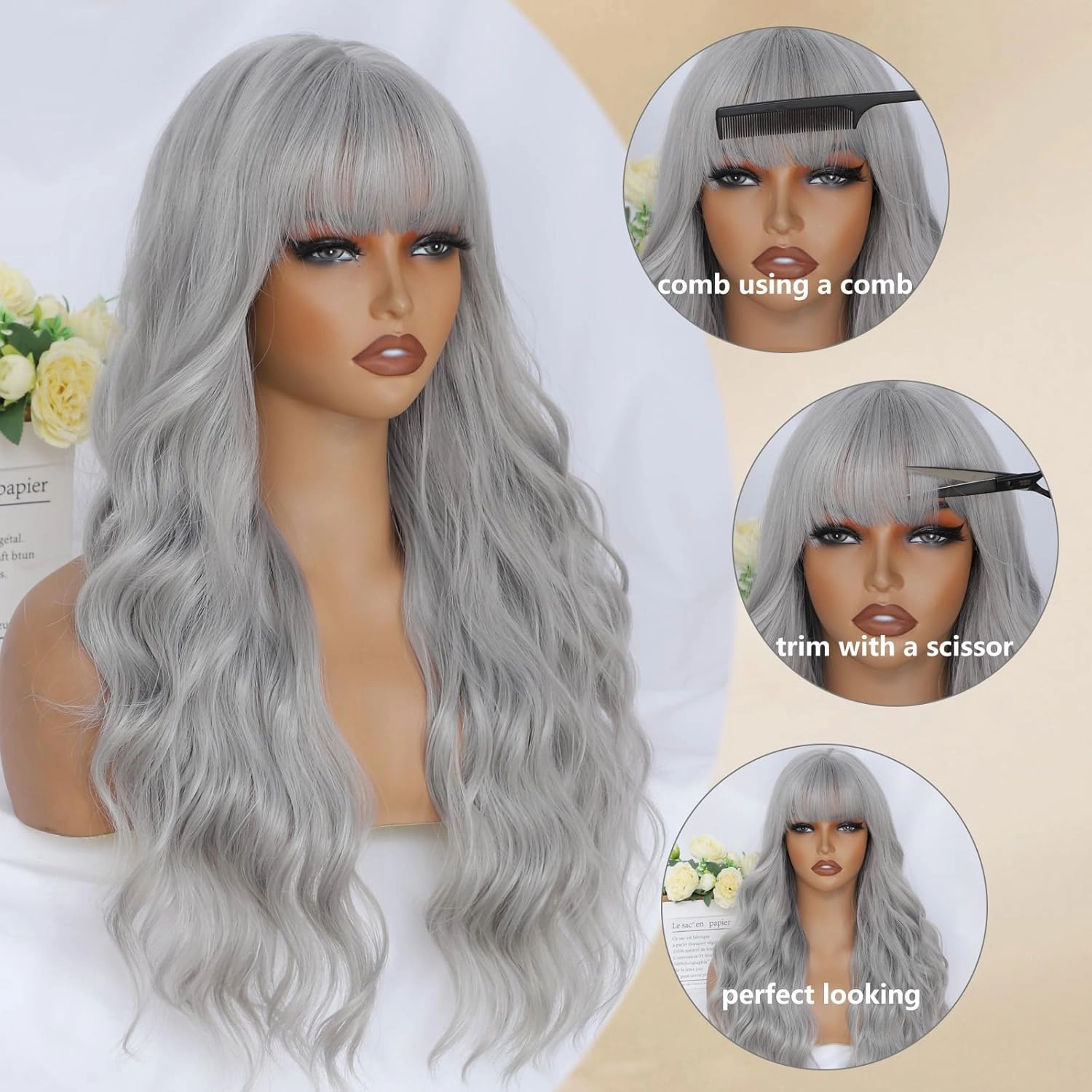 Gray Wig with Bangs for Women Long Grey Wavy Wigs 26 Inch Gray Wigs Natural Looking Heat Resistant Synthetic Wig for Daily Party Use