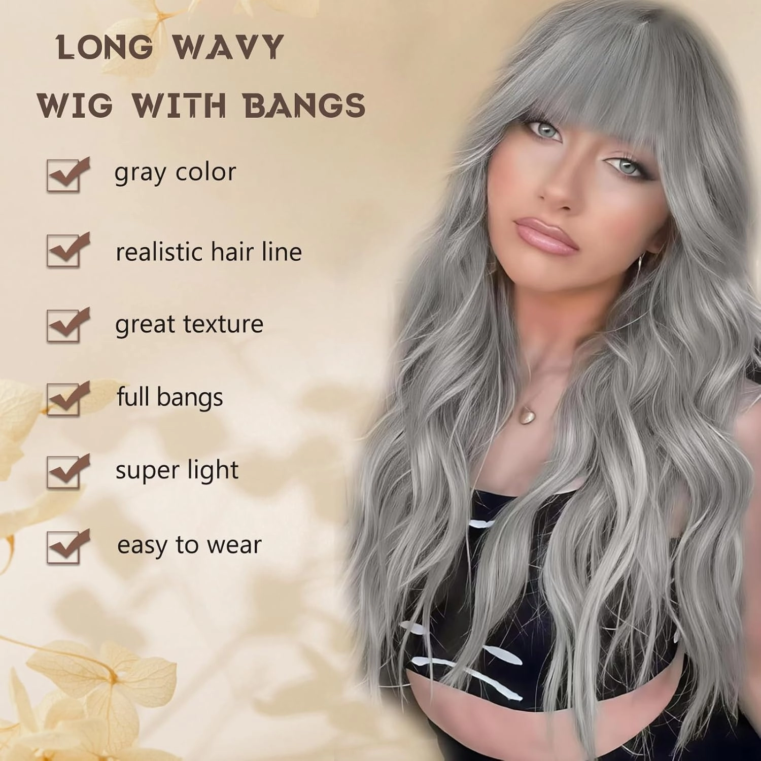 Gray Wig with Bangs for Women Long Grey Wavy Wigs 26 Inch Gray Wigs Natural Looking Heat Resistant Synthetic Wig for Daily Party Use