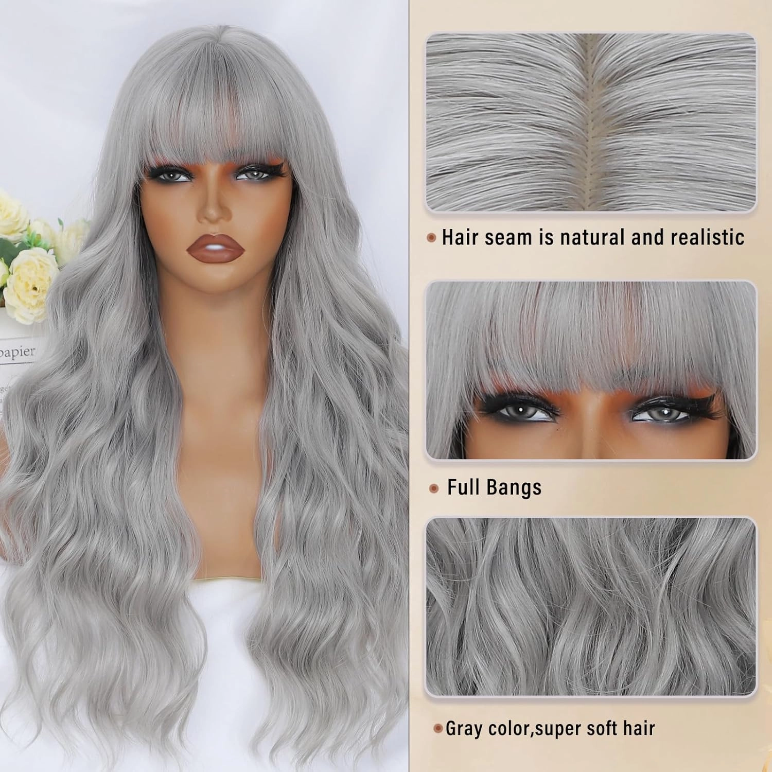 Gray Wig with Bangs for Women Long Grey Wavy Wigs 26 Inch Gray Wigs Natural Looking Heat Resistant Synthetic Wig for Daily Party Use