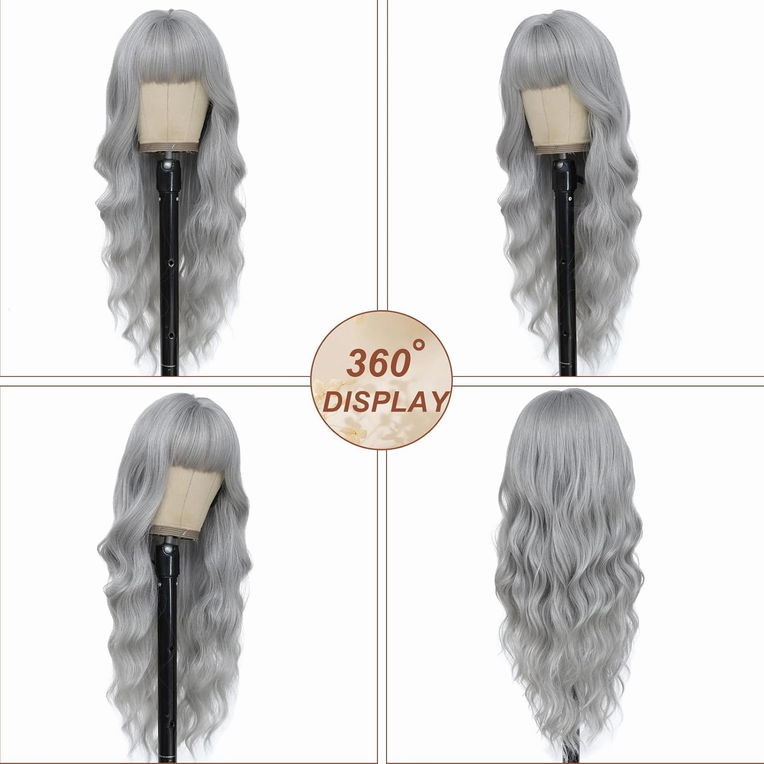 Gray Wig with Bangs for Women Long Grey Wavy Wigs 26 Inch Gray Wigs Natural Looking Heat Resistant Synthetic Wig for Daily Party Use
