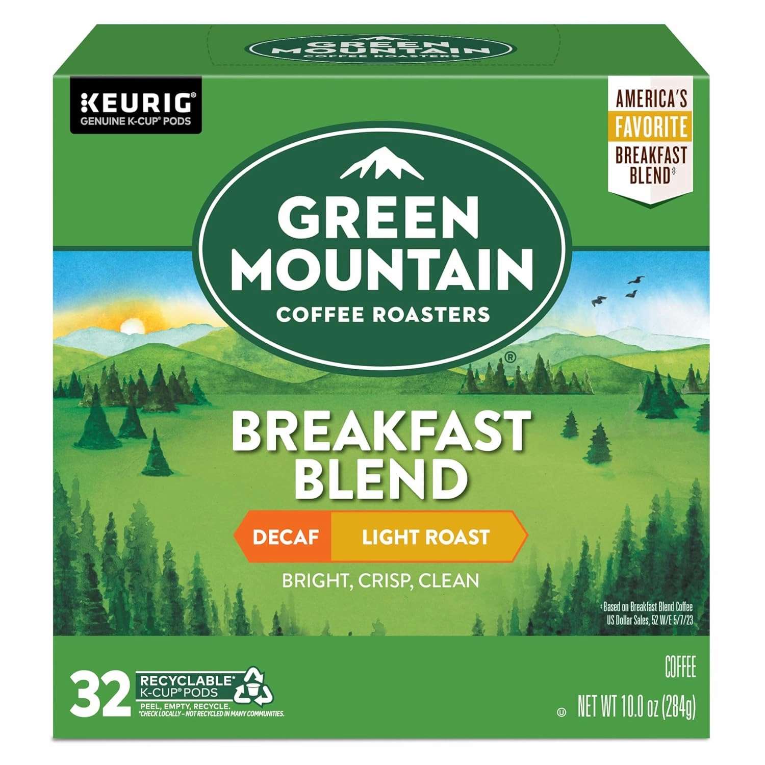Green Mountain Coffee Roasters Decaf Breakfast Blend , Single-Serve Keurig K-Cup Pods, Light Roast Coffee, 32 Count