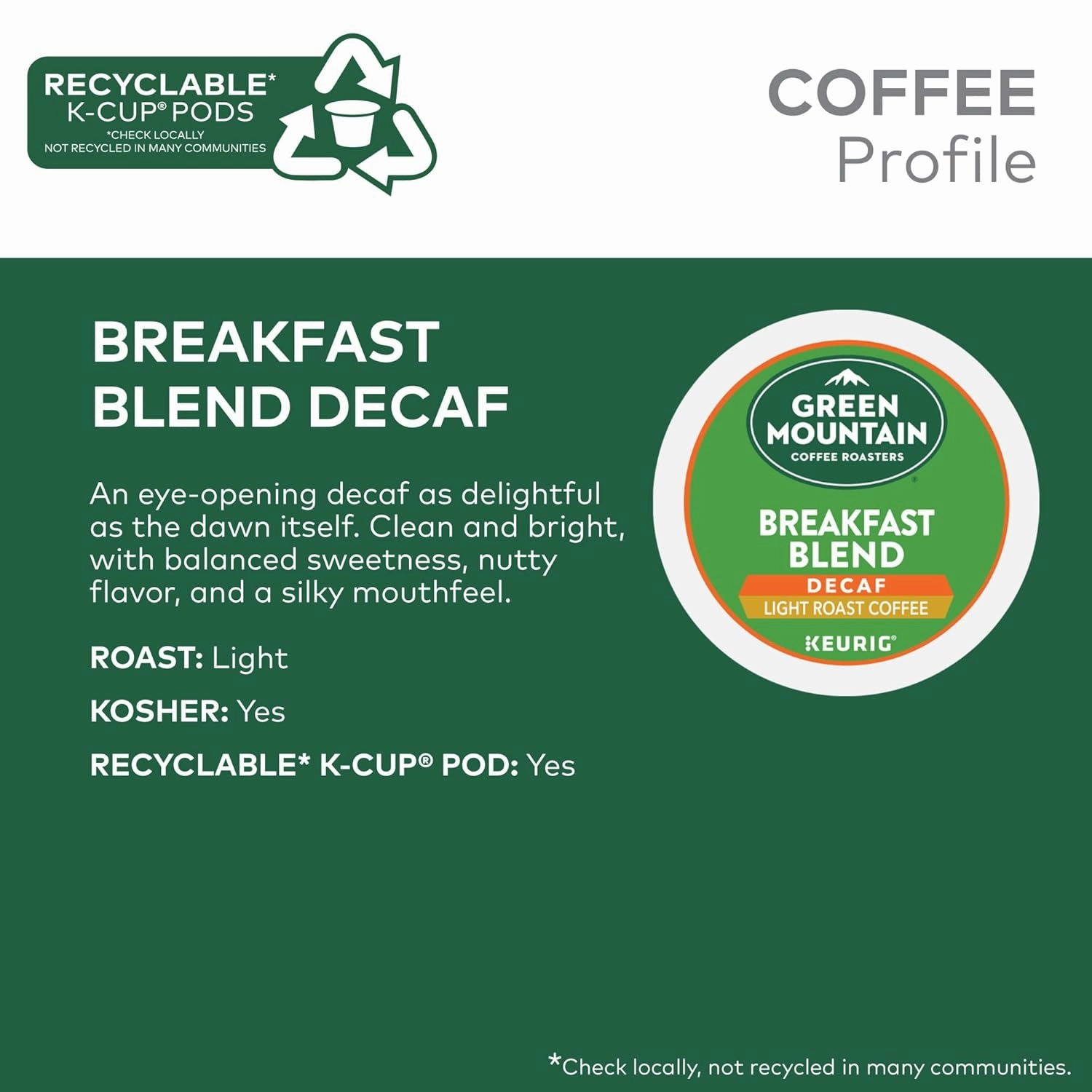 Green Mountain Coffee Roasters Decaf Breakfast Blend , Single-Serve Keurig K-Cup Pods, Light Roast Coffee, 32 Count