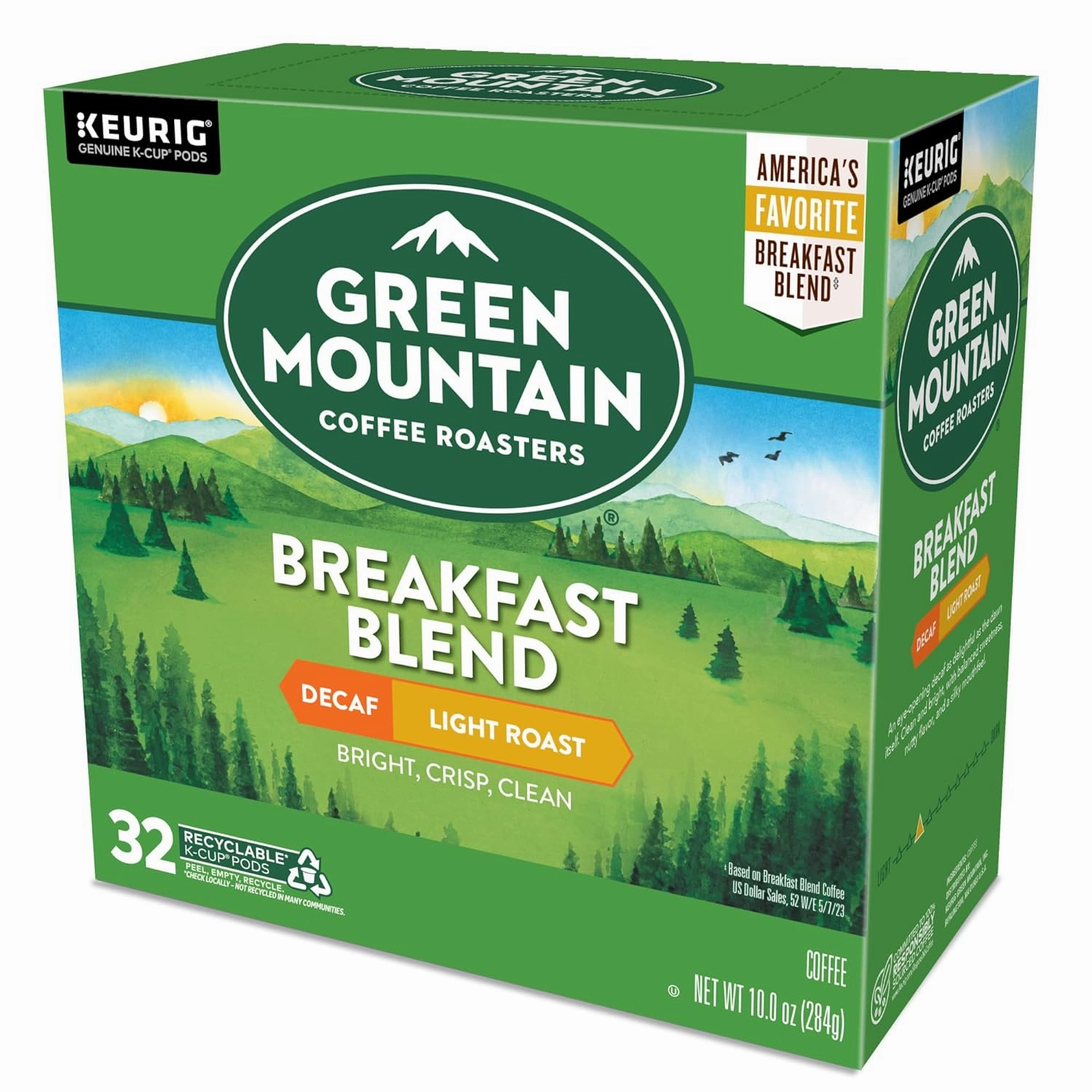 Green Mountain Coffee Roasters Decaf Breakfast Blend , Single-Serve Keurig K-Cup Pods, Light Roast Coffee, 32 Count