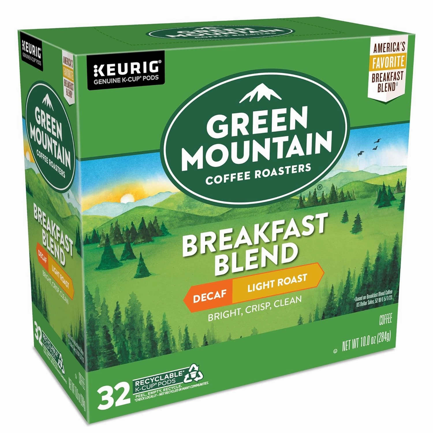 Green Mountain Coffee Roasters Decaf Breakfast Blend , Single-Serve Keurig K-Cup Pods, Light Roast Coffee, 32 Count