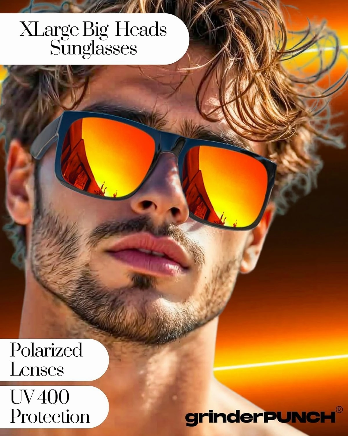grinderPUNCH XL Large Face Polarized Sunglasses Big Heads Wide Face, Extra Wide Oversized Sunglasses for Driving Glasses