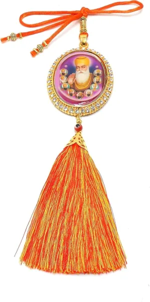 Guru Nanak & Guru Gobind Singh Ji Gold-Plated Car Mirror Hanging | Evil Eye Protection Pendant with Silk Tassel | Sikh Faith Car/Handbag Decor for Good Luck & Positivity